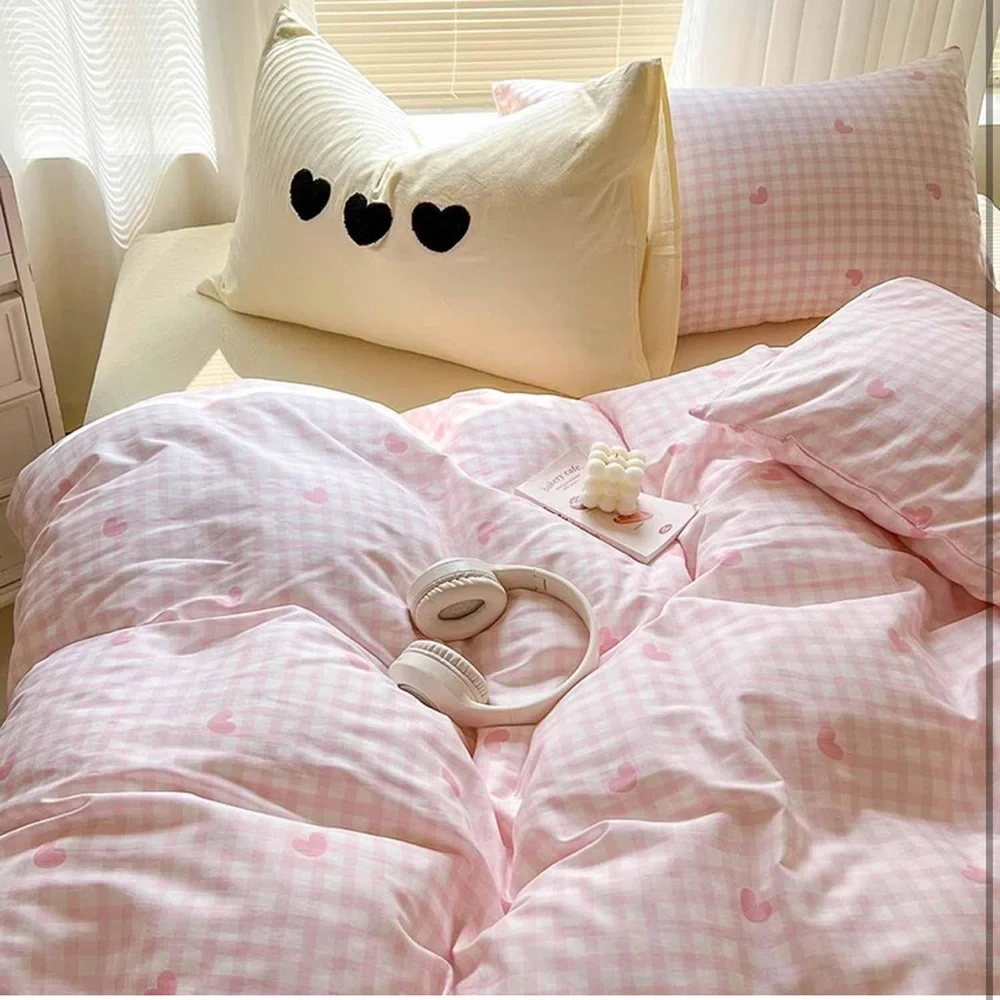 Twin Pink Heart Check Duvet Cover Set - Home Bedding
